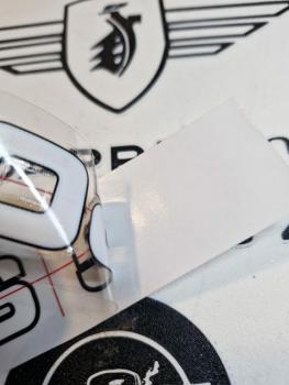 Preview: Zündapp Lackfilm Weiß/Schwarzer rand Seitendeckel " KS 50 " mit Fadenkreuz zum perfekten aufbringen ,Transfer 529-10.186